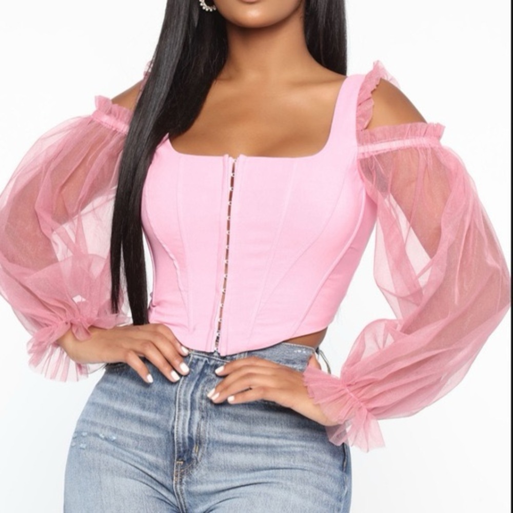 Fashion Nova Ava Corset Top Ruffle Pink with sheer long sleeves size XS
